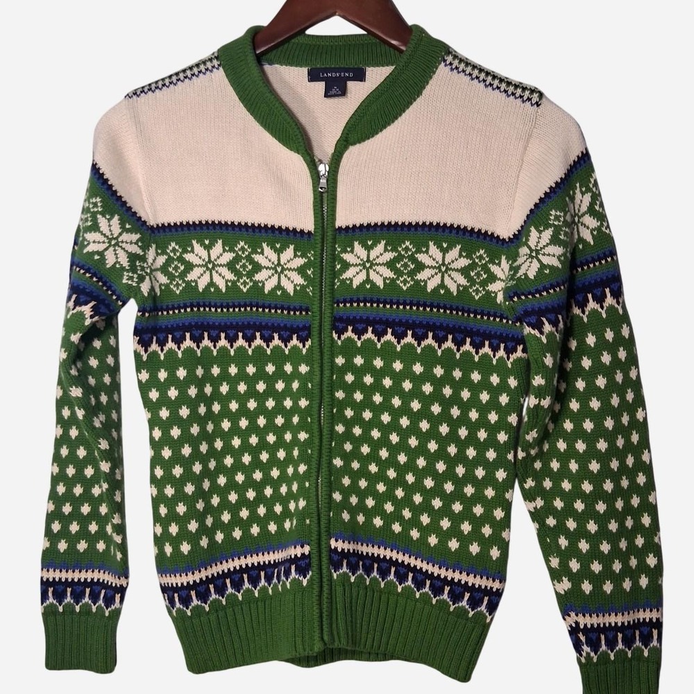Girls Lands' End Green, White & Blue Snowflake pattern Zip-Up Sweater
